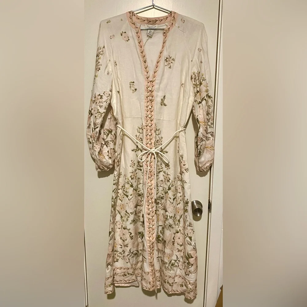 Calypso St. Barth Linen Cream Floral Long-Sleeve Midi Dress L - Picture 4 of 11